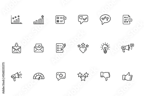 Set feedback web icons featuring charts checklists speech bubbles thumbs up down