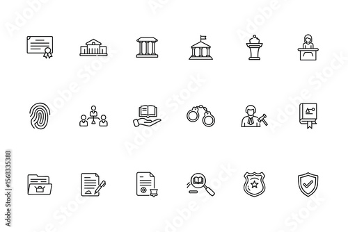 Set linear law justice icons including courthouse gavel handcuffs fingerprint vector