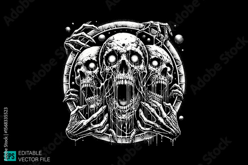 devil skull face scary creepy style tattoo dark art illustration vector black and white background templates