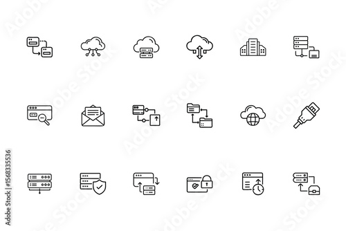 Web hosting icons set depicting cloud servers data transfer security elements vector