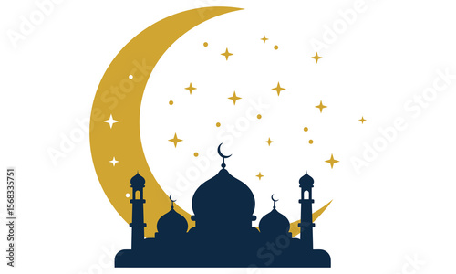 Eid Mubarak Greeting Card with Mosque Illustration in Vector Style