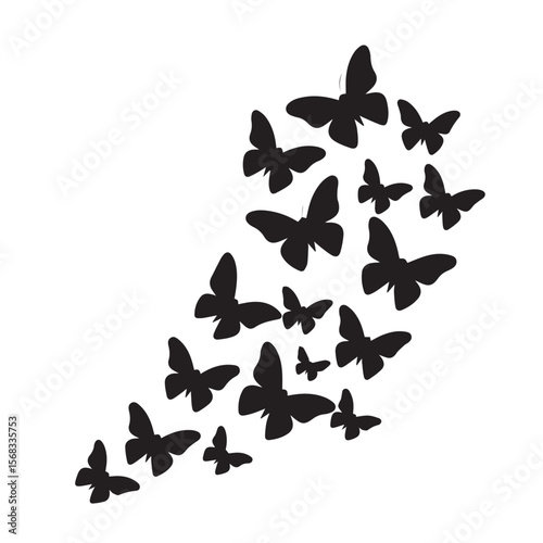 Vector art of a swarm of butterflies in silhouette isolated on white background