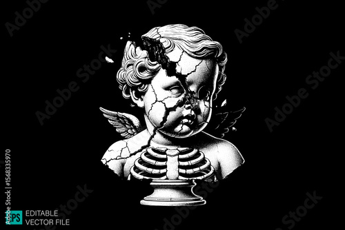cupid sculpture scary creepy style tattoo dark art illustration vector black and white background templates
