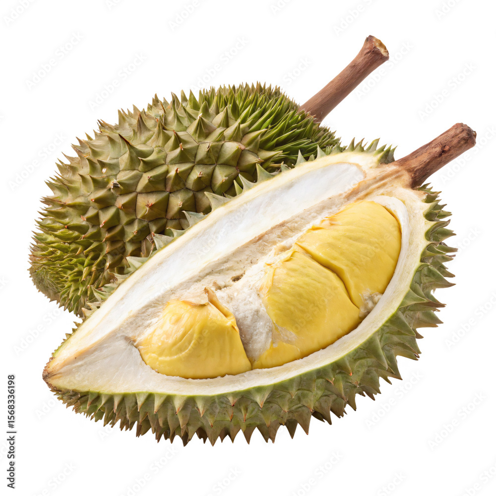 Fototapeta premium Durian Fruit CloseUp of a Whole and Halved Durian isolated on transparent background