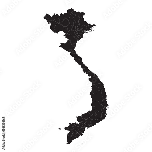 black silhouette map of vietnam with internal region borders isolated on white background, vector outline