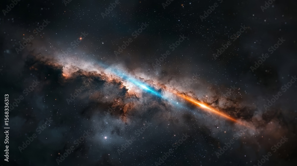 Fototapeta premium Long, thin line of stars with a bright orange and blue streak. The stars are scattered throughout the image, with some closer together and others further apart. Scene is one of wonder and awe