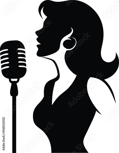 Black Silhouette Woman Singing into Retro Microphone vector