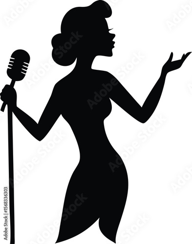 Black Silhouette Woman Singer Holding Microphone Performing on Stage Elegant Retro Style vector