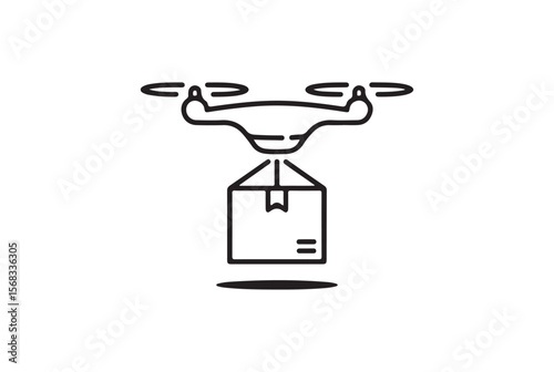 Drone delivering a package with a simple line art design isolated on white background