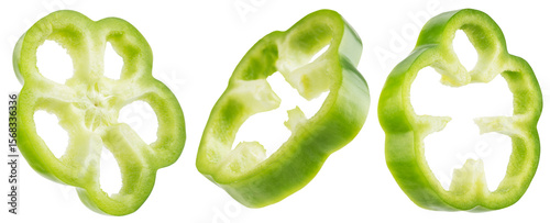 collection of green pepper slices isolated on a white background