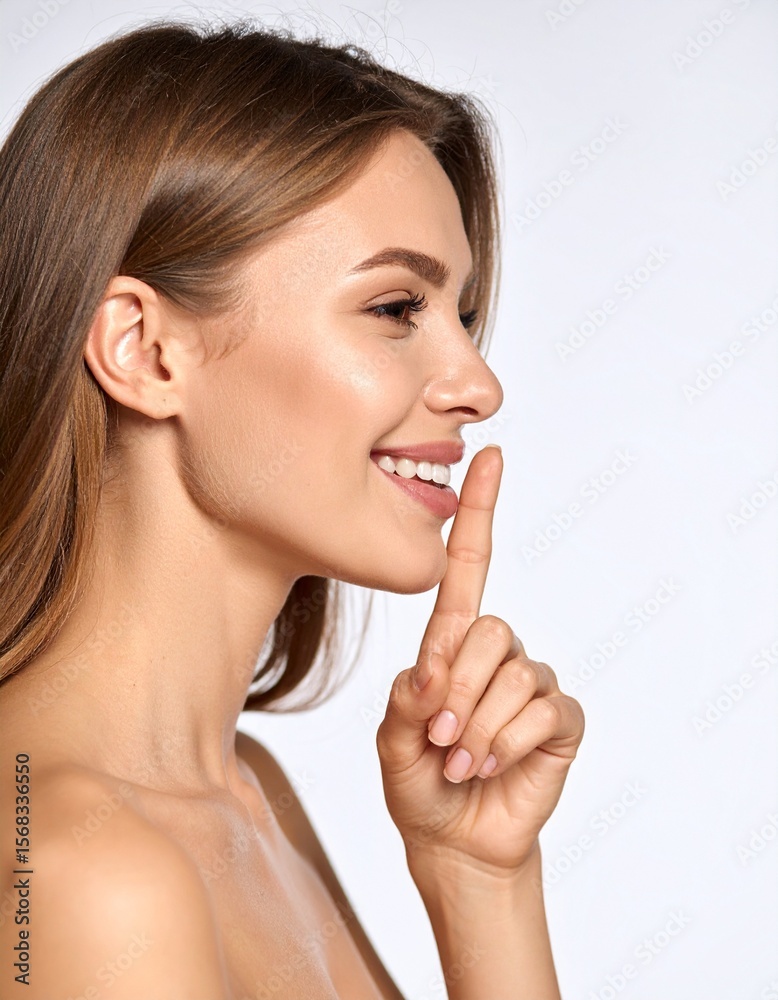 Beautiful Woman with Finger to Lips Secret Beauty Skincare. Beautiful Woman with Finger to Lips Secret Beauty Skincare.