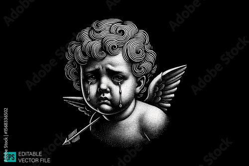 cupid sculpture scary creepy style tattoo dark art illustration vector black and white background templates