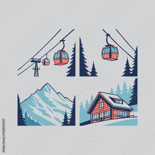 Ski resort scene with gondolas mountain and cabin in a stylized flat design