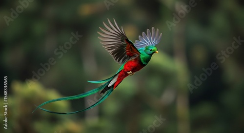 Resplendent Quetzal in Flight: Emerald Plumage and Elegant Tail Feathers Against Forest Backdrop