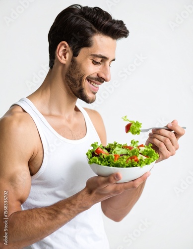 Healthy Lifestyle Man Eating Fresh Salad Vegetable Diet.