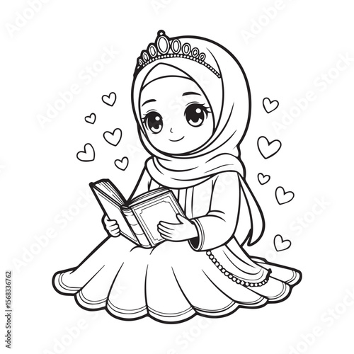 Vector art of a cute muslim girl reading a book with hearts around her
