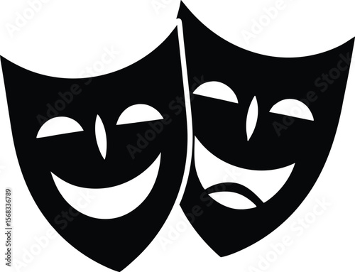 Vector art of two theatrical masks, one happy and one sad, isolated on white background