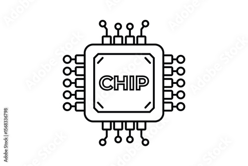 Black line art illustration of a computer chip with pins isolated on white background