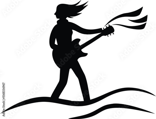 Silhouette Woman Playing Electric Guitar Wind Waves Music Rock and Roll vector