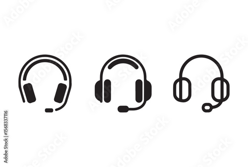 Three black headset icons with microphones isolated on white background