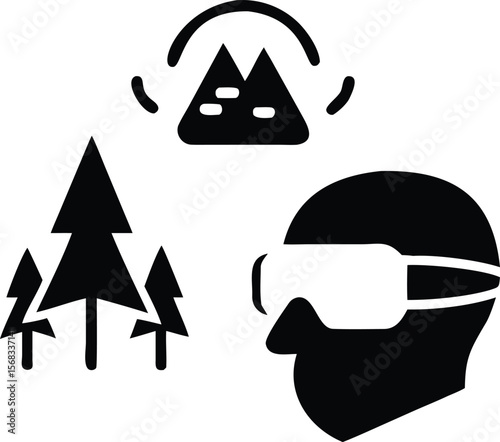 Virtual Reality Headset User Experiencing a Mountain Forest Scene with Black and White Iconography goggles
