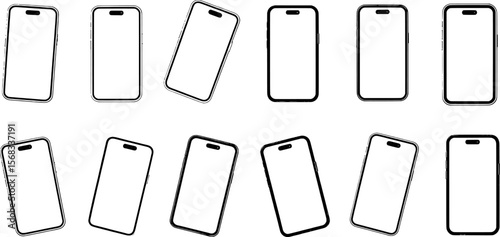 Black outline mobile phone icons various angles and orientations smartphone vector