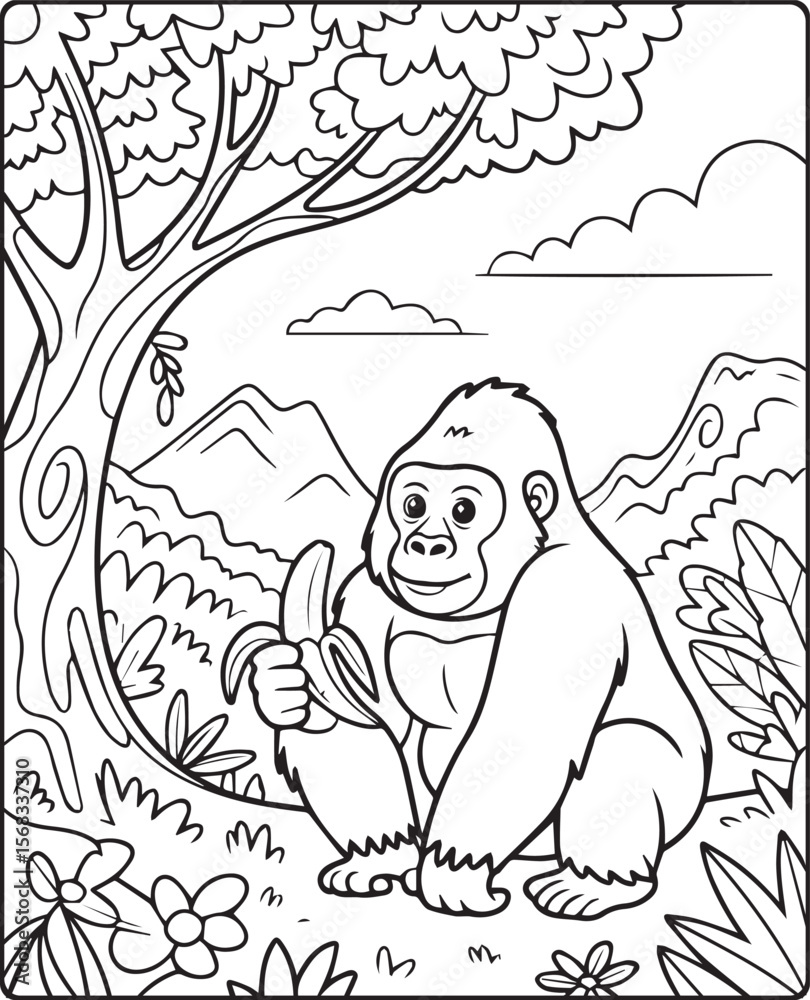Obraz premium Gorilla eating banana under a tree black line art vector illustration coloring page for kids