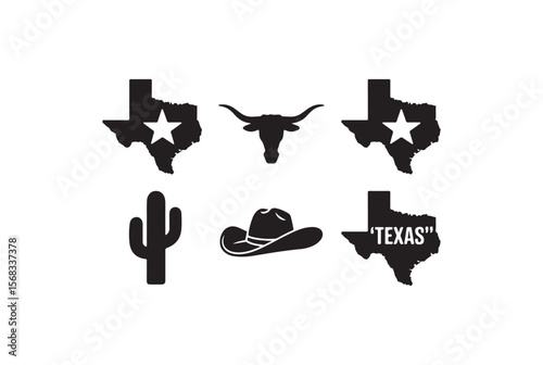 Texas state shape with cowboy hat longhorn cactus and star isolated on white background