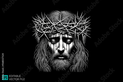 jesus head scary creepy style tattoo dark art illustration vector black and white background templates