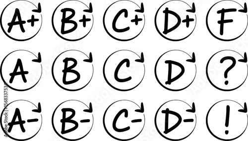 Hand drawn academic grading symbols with circular arrows letter grades plus sign