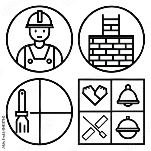 Construction worker chimney painter tools bell and food icons hard hat overalls