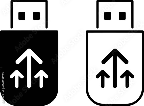 Black and white vector illustration of a U S B drive with upload arrows flash drive storage