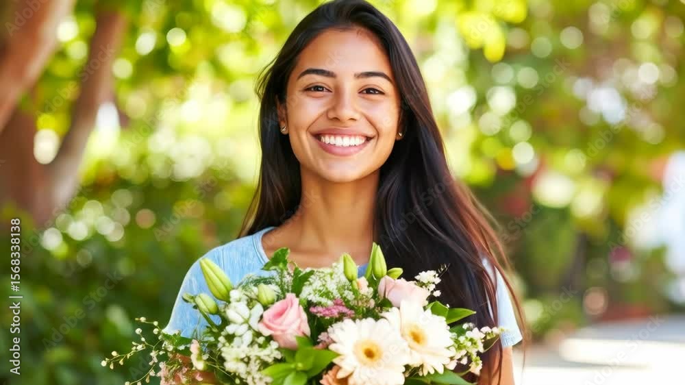 Young Woman Holding a Bouquet of Flowers - A smiling young woman with long dark hair holds a beautiful bouquet of mixed flowers outdoors on a sunny day. Young Woman Holding a Bouquet of Flowers - A smiling young woman with long dark hair holds a beautiful bouquet of mixed flowers outdoors on a sunny day.