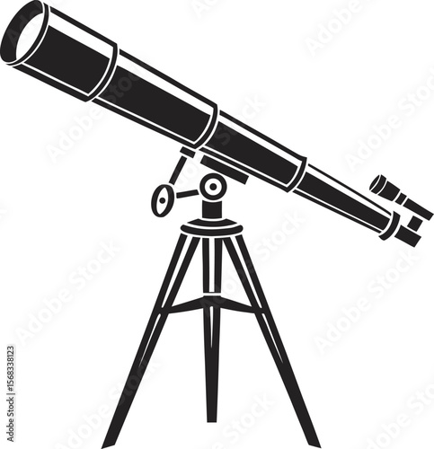 Vector art of a black telescope on a tripod is isolated on white background