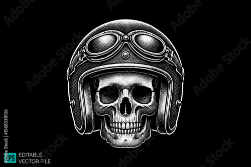 skull head with helmet scary creepy style tattoo dark art illustration vector black and white background templates
