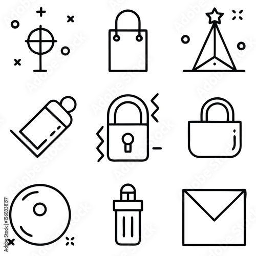 Minimalist line art icons featuring shopping bag lock and envelope icon set