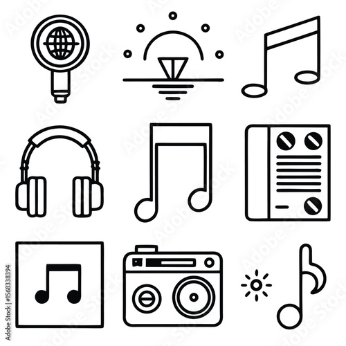 Nine minimalist line icons representing music and technology line art simple