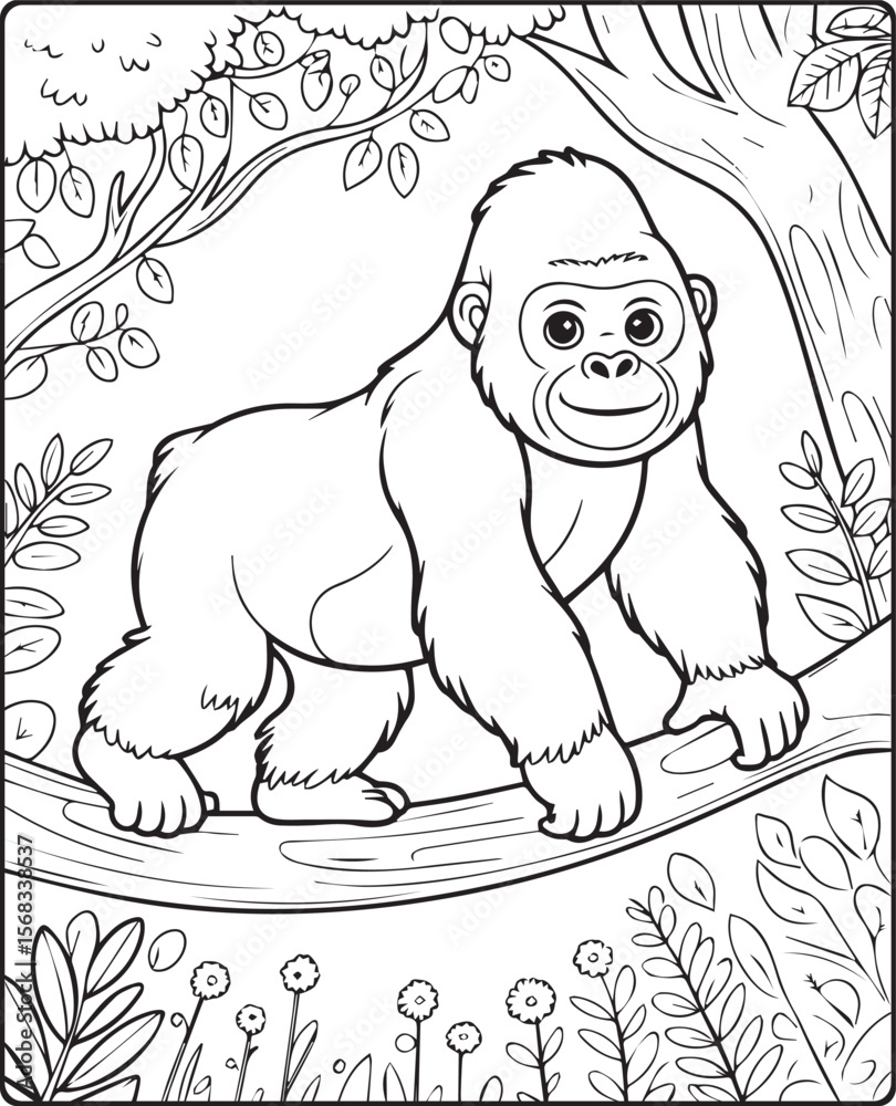 Obraz premium Gorilla walking on a tree branch black line art vector illustration coloring page for kids
