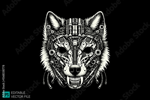 wolf head scary creepy style tattoo dark art illustration vector black and white background templates