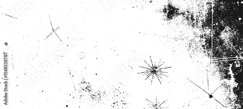 Grainy grunge photo filter background. Black particles, fibers and flecks wallpaper. Vintage rough dirt dotted overlay. Vector sandy gritty template.
