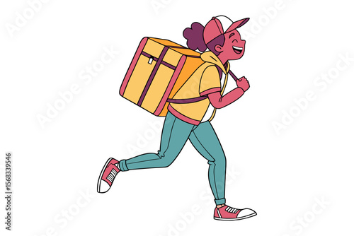 Speedy Delivery: A cheerful delivery person sprints forward with a sizable insulated bag, showcasing the rapid pace and dedication required for timely and efficient service.