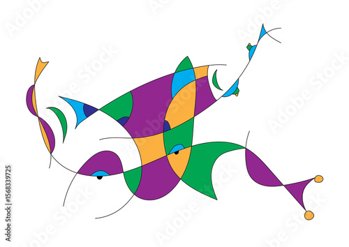 Abstract painting of a shellfish in blue, purple, green and yellow