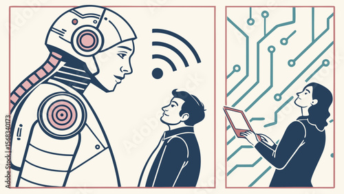 A stylized illustration of a robot interacting with people, highlighting technology and human-robot interaction.