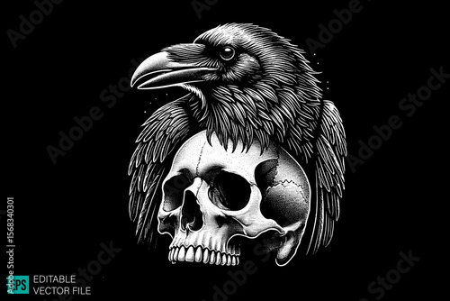 Skull head and raven scary creepy style tattoo dark art illustration vector black and white background templates