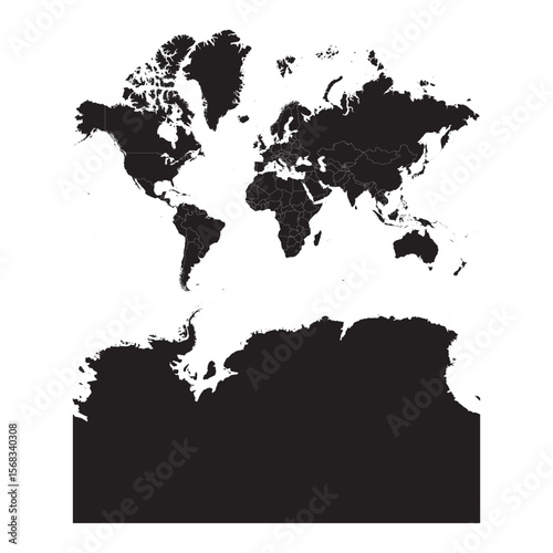 black silhouette world map including antarctica with country borders isolated on white background, vector outline