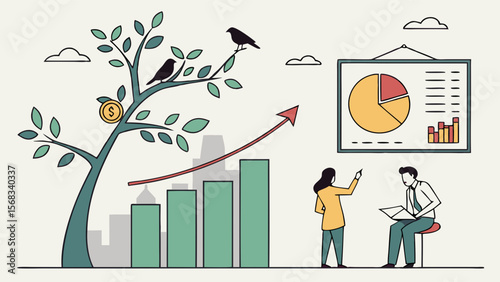 Business growth, illustrated with a tree, birds, and graphs, showing a team collaborating.