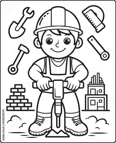 Construction worker working with tools black line art vector illustration for coloring page design for children