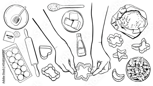 Christmas Gingerbread Ingredients Set with Human Hands, Vector Illustration