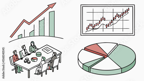 Business team meeting analyzing upward trending financial graphs and charts, indicating growth and success.