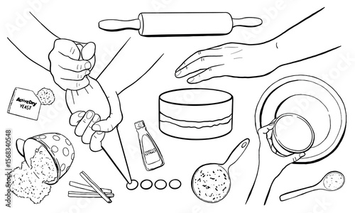 Bakery Set with Human Hand Gestures and Food Ingredients